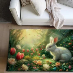 Forest Easter Bunny Area Rug Kitchen Mat Non-Slip Oil Proof Floor Mat Livingroom Rug Indoor Outdoor Mat Bedroom Decor Bathroom Mat Entrance Rug Door Mat