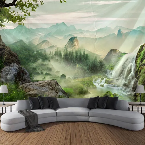 Forest Landscape Waterfall Hanging Tapestry Wall Art Large Tapestry Mural Decor Photograph Backdrop Blanket Curtain Home Bedroom Living Room Decoration
