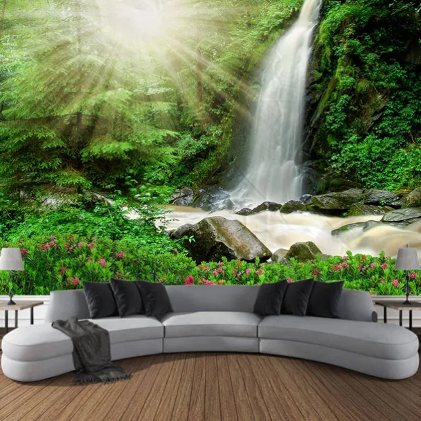 Forest Landscape Waterfall Hanging Tapestry Wall Art Large Tapestry Mural Decor Photograph Backdrop Blanket Curtain Home Bedroom Living Room Decoration