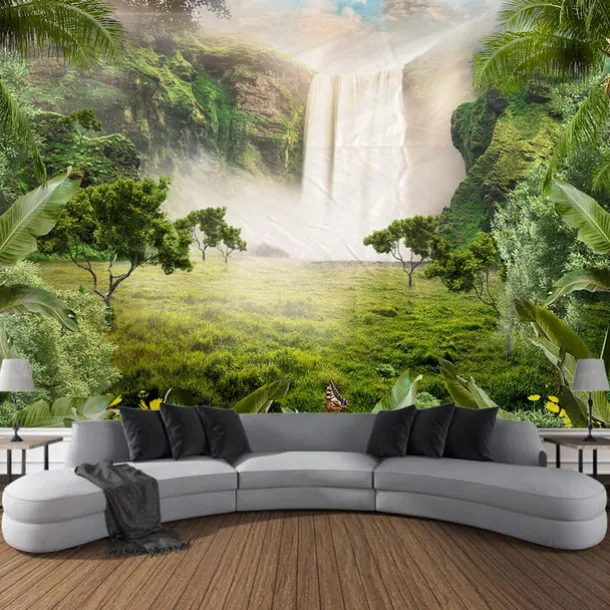 Forest Landscape Waterfall Hanging Tapestry Wall Art Large Tapestry Mural Decor Photograph Backdrop Blanket Curtain Home Bedroom Living Room Decoration