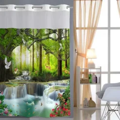 Forest Waffle-Weave Textured Shower Curtain Set with Snap-in Liner and Sheer Window Water-Repellent Polyester, Grommet Top, 120GSM Hotel Quality Spa Style Bathroom Partition No Hooks Required