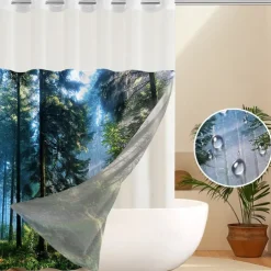 Forest Waffle-Weave Textured Shower Curtain Set with Snap-in Liner and Sheer Window Water-Repellent Polyester, Grommet Top, 120GSM Hotel Quality Spa Style Bathroom Partition No Hooks Required