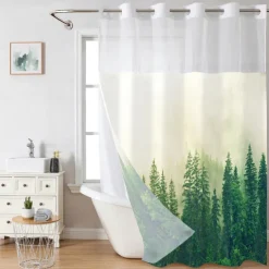Forest Waffle-Weave Textured Shower Curtain Set with Snap-in Liner and Sheer Window Water-Repellent Polyester, Grommet Top, 120GSM Hotel Quality Spa Style Bathroom Partition No Hooks Required