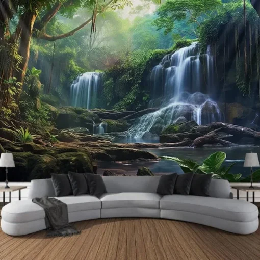 Forest Waterfall Hanging Tapestry Wall Art Large Tapestry Mural Decor Photograph Backdrop Blanket Curtain Home Bedroom Living Room Decoration
