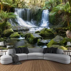 Forest Waterfall Landscape Hanging Tapestry Wall Art Large Tapestry Mural Decor Photograph Backdrop Blanket Curtain Home Bedroom Living Room Decoration