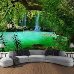 Forest Waterfall Landscape Hanging Tapestry Wall Art Large Tapestry Mural Decor Photograph Backdrop Blanket Curtain Home Bedroom Living Room Decoration