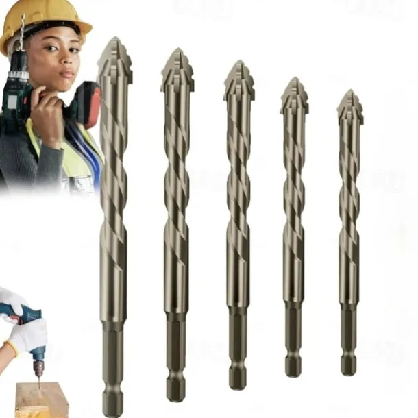 Four Blade Serrated Eccentric Drill,New Four-Flute Sawtooth Eccentric Drill Bit Set,Quickpierce High-Performance Titanium-Coated Drill and Tap Set for Concrete Metal Brick Wood
