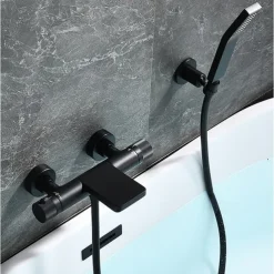 Free Standing Bathtub Faucet Thermostatic Black Painted Finishes Rotatable Shower Seat Waterfall and Spray Mode Bath Shower Mixer Taps with Hot and Cold Water