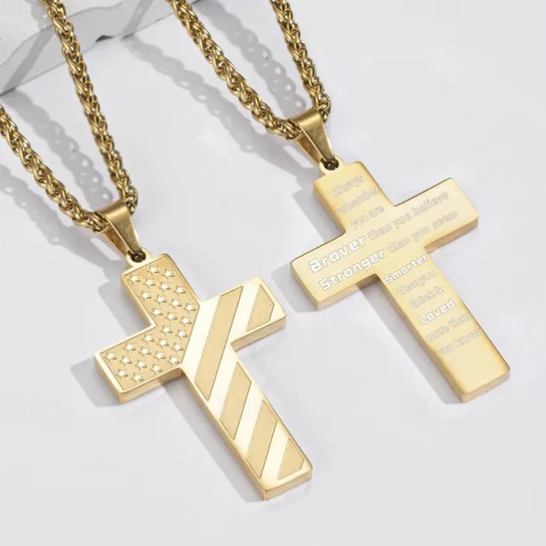 Freedom Cross Pendant, Easter Gift for Him Stainless Steel American Flag Necklace, Engraved Inspirational Quote, Patriotic Christian Jewelry, 24" Wheat Chain, Gift for Men