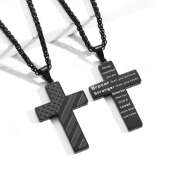 Freedom Cross Pendant, Easter Gift for Him Stainless Steel American Flag Necklace, Engraved Inspirational Quote, Patriotic Christian Jewelry, 24" Wheat Chain, Gift for Men