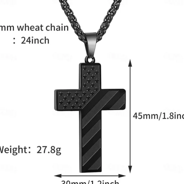 Freedom Cross Pendant, Easter Gift for Him Stainless Steel American Flag Necklace, Engraved Inspirational Quote, Patriotic Christian Jewelry, 24" Wheat Chain, Gift for Men