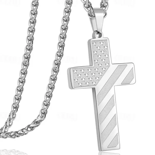 Freedom Cross Pendant, Easter Gift for Him Stainless Steel American Flag Necklace, Engraved Inspirational Quote, Patriotic Christian Jewelry, 24" Wheat Chain, Gift for Men