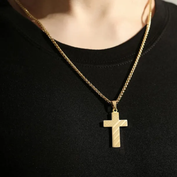 Freedom Cross Pendant, Easter Gift for Him Stainless Steel American Flag Necklace, Engraved Inspirational Quote, Patriotic Christian Jewelry, 24" Wheat Chain, Gift for Men