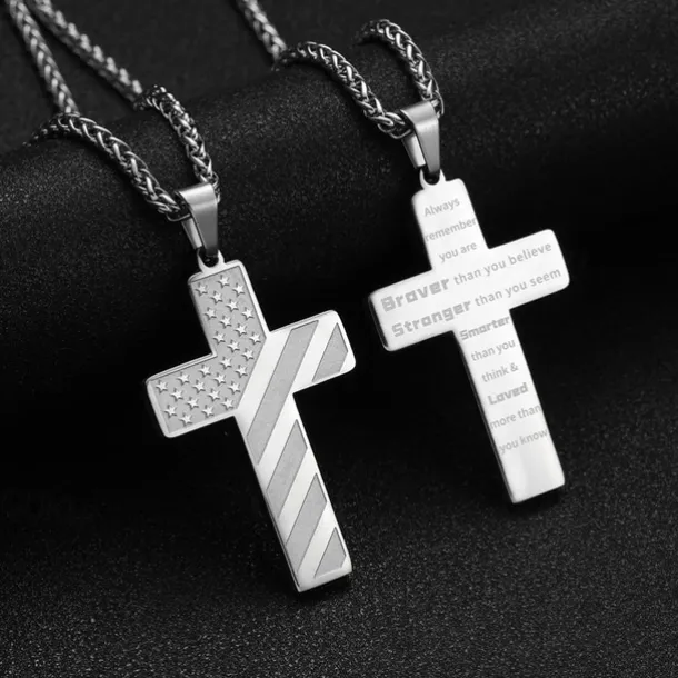 Freedom Cross Pendant, Easter Gift for Him Stainless Steel American Flag Necklace, Engraved Inspirational Quote, Patriotic Christian Jewelry, 24" Wheat Chain, Gift for Men