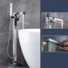 Freestanding Bathtub Faucet, 360° Swivel Spout Floor Mount Standing Tub Filler Single Handle Brass Tap with Hand Shower Sprayer