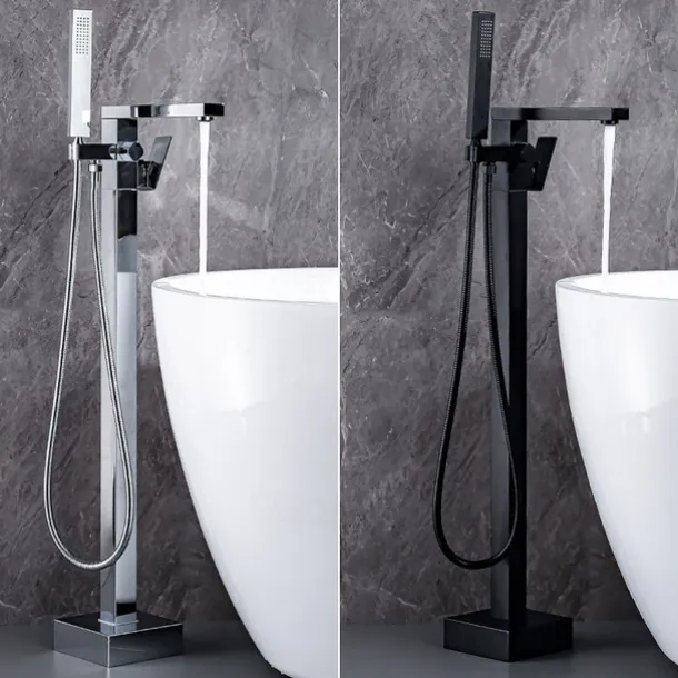 Freestanding Bathtub Faucet, 360° Swivel Spout Floor Mount Standing Tub Filler Single Handle Brass Tap with Hand Shower Sprayer