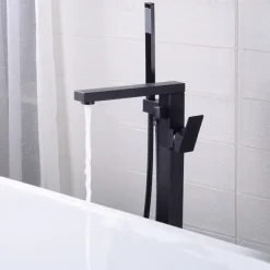 Freestanding Bathtub Faucet, 360° Swivel Spout Floor Mount Standing Tub Filler Single Handle Brass Tap with Hand Shower Sprayer