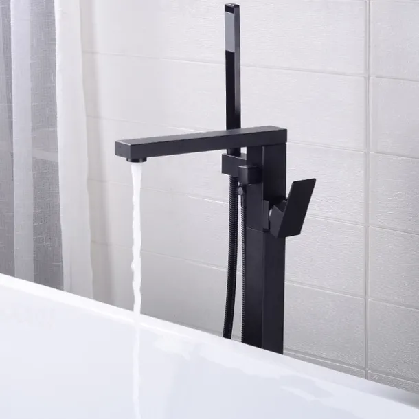 Freestanding Bathtub Faucet, 360° Swivel Spout Floor Mount Standing Tub Filler Single Handle Brass Tap with Hand Shower Sprayer