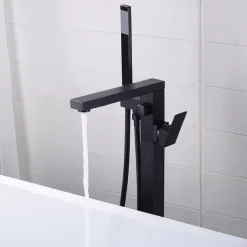 Freestanding Bathtub Faucet, 360° Swivel Spout Floor Mount Standing Tub Filler Single Handle Brass Tap with Hand Shower Sprayer