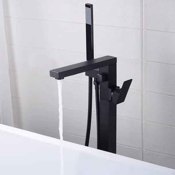 Freestanding Bathtub Faucet, 360° Swivel Spout Floor Mount Standing Tub Filler Single Handle Brass Tap with Hand Shower Sprayer