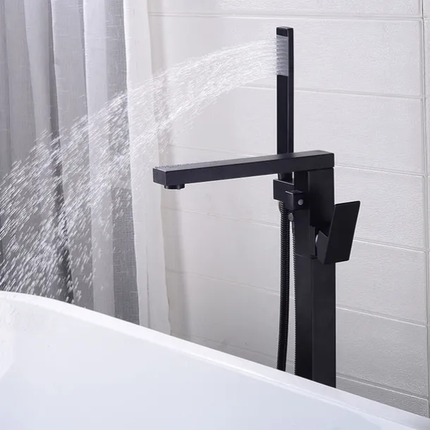 Freestanding Bathtub Faucet, 360° Swivel Spout Floor Mount Standing Tub Filler Single Handle Brass Tap with Hand Shower Sprayer