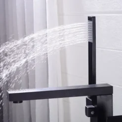 Freestanding Bathtub Faucet, 360° Swivel Spout Floor Mount Standing Tub Filler Single Handle Brass Tap with Hand Shower Sprayer