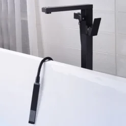 Freestanding Bathtub Faucet, 360° Swivel Spout Floor Mount Standing Tub Filler Single Handle Brass Tap with Hand Shower Sprayer