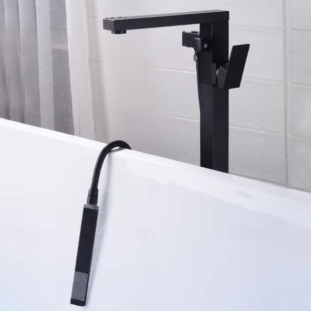 Freestanding Bathtub Faucet, 360° Swivel Spout Floor Mount Standing Tub Filler Single Handle Brass Tap with Hand Shower Sprayer