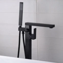 Freestanding Bathtub Faucet, 360° Swivel Spout Floor Mount Standing Tub Filler Single Handle Brass Tap with Hand Shower Sprayer