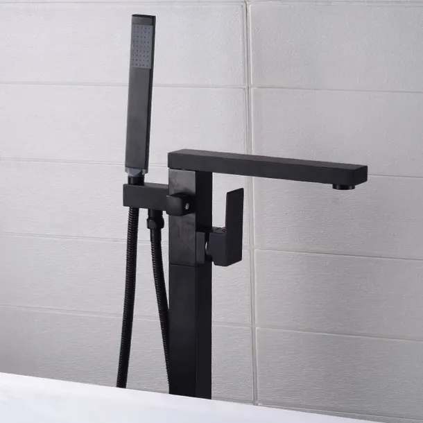 Freestanding Bathtub Faucet, 360° Swivel Spout Floor Mount Standing Tub Filler Single Handle Brass Tap with Hand Shower Sprayer