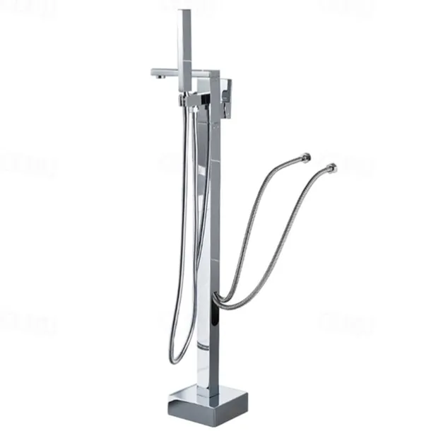 Freestanding Bathtub Faucet, 360° Swivel Spout Floor Mount Standing Tub Filler Single Handle Brass Tap with Hand Shower Sprayer