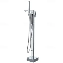 Freestanding Bathtub Faucet, 360° Swivel Spout Floor Mount Standing Tub Filler Single Handle Brass Tap with Hand Shower Sprayer