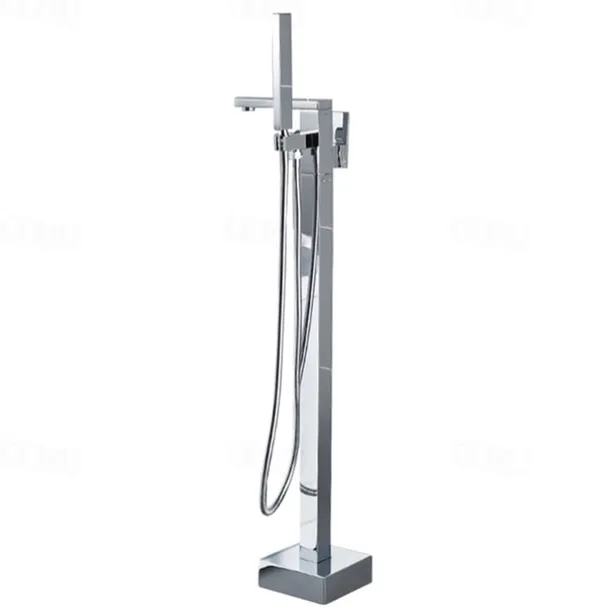 Freestanding Bathtub Faucet, 360° Swivel Spout Floor Mount Standing Tub Filler Single Handle Brass Tap with Hand Shower Sprayer