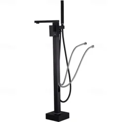 Freestanding Bathtub Faucet, 360° Swivel Spout Floor Mount Standing Tub Filler Single Handle Brass Tap with Hand Shower Sprayer