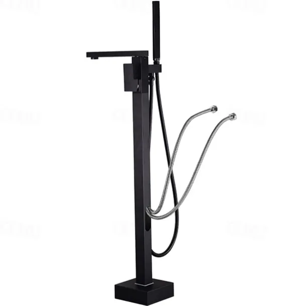 Freestanding Bathtub Faucet, 360° Swivel Spout Floor Mount Standing Tub Filler Single Handle Brass Tap with Hand Shower Sprayer