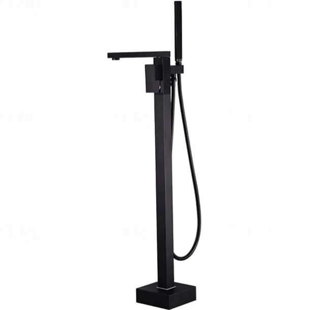 Freestanding Bathtub Faucet, 360° Swivel Spout Floor Mount Standing Tub Filler Single Handle Brass Tap with Hand Shower Sprayer