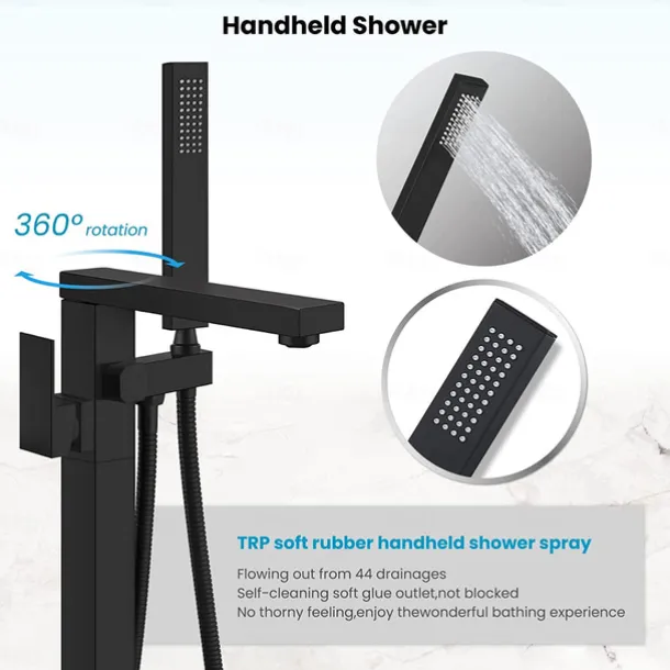 Freestanding Bathtub Faucet, 360° Swivel Spout Floor Mount Standing Tub Filler Single Handle Brass Tap with Hand Shower Sprayer