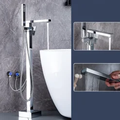 Freestanding Bathtub Faucet, 360° Swivel Spout Floor Mount Standing Tub Filler Single Handle Brass Tap with Hand Shower Sprayer