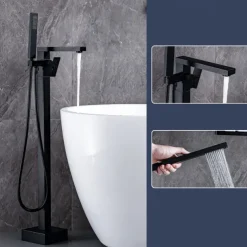 Freestanding Bathtub Faucet, 360° Swivel Spout Floor Mount Standing Tub Filler Single Handle Brass Tap with Hand Shower Sprayer