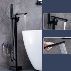 Freestanding Bathtub Faucet, 360° Swivel Spout Floor Mount Standing Tub Filler Single Handle Brass Tap with Hand Shower Sprayer