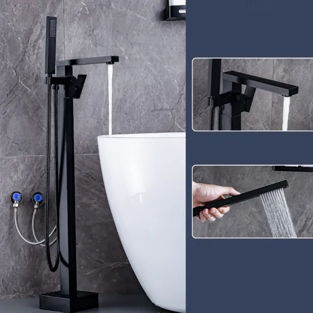 Freestanding Bathtub Faucet, 360° Swivel Spout Floor Mount Standing Tub Filler Single Handle Brass Tap with Hand Shower Sprayer