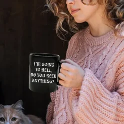 Funny Coffee Mug Im Going to Hell Do You Need Anything Black Ceramic Cup Sarcastic Gag Gift for Friends Coworkers & Coffee Lovers
