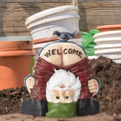 Funny Dwarf Sculpture - Gnome with A 'Welcome' Ass, Miniature Figurine Fairy Garden Accessories Dwarf Outdoor Garden Yard Art Decoration Home Cartoon Welcome Sign Resin Ornaments Spring Gifts