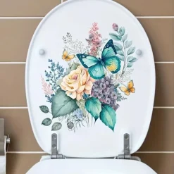 Funny Flower Butterfly Toilet Lid Decal - Waterproof Self-Adhesive Bathroom Decor Sticker Room Decor, Home Decor