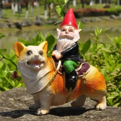 Funny Guy Garden Gnome Statue - Gnome Riding a Corgi - Indoor/Outdoor Garden Gnome Sculpture for Patio, Yard or Lawn