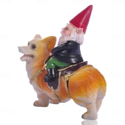 Funny Guy Garden Gnome Statue - Gnome Riding a Corgi - Indoor/Outdoor Garden Gnome Sculpture for Patio, Yard or Lawn