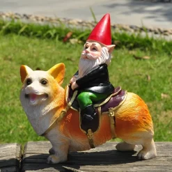 Funny Guy Garden Gnome Statue - Gnome Riding a Corgi - Indoor/Outdoor Garden Gnome Sculpture for Patio, Yard or Lawn