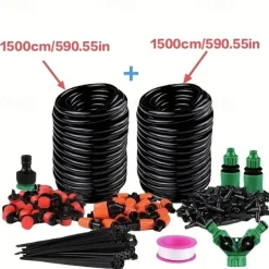 Garden Drip Irrigation Kit, Greenhouse Micro Automatic Drip Irrigation System Kit with 1/4 inch 1/2 inch Blank Distribution Tubing Hose Adjustable Patio Misting Nozzle Emitters Sprinkler