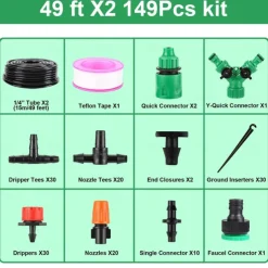 Garden Drip Irrigation Kit, Greenhouse Micro Automatic Drip Irrigation System Kit with 1/4 inch 1/2 inch Blank Distribution Tubing Hose Adjustable Patio Misting Nozzle Emitters Sprinkler