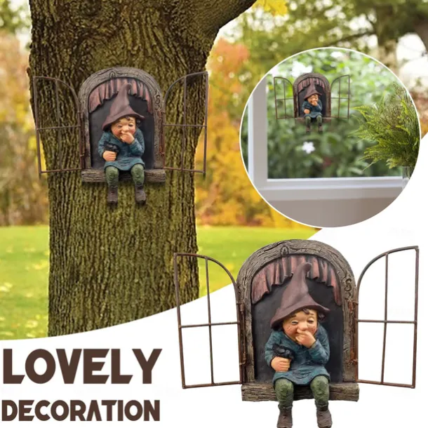 Garden Gnome Funny,Open Window Gnome, Garden Figures for Outdoors, Garden Gnomes Weatherproof, Meerkat Garden Figure, Resin Cartoon Ornaments, Tree Garden Decoration